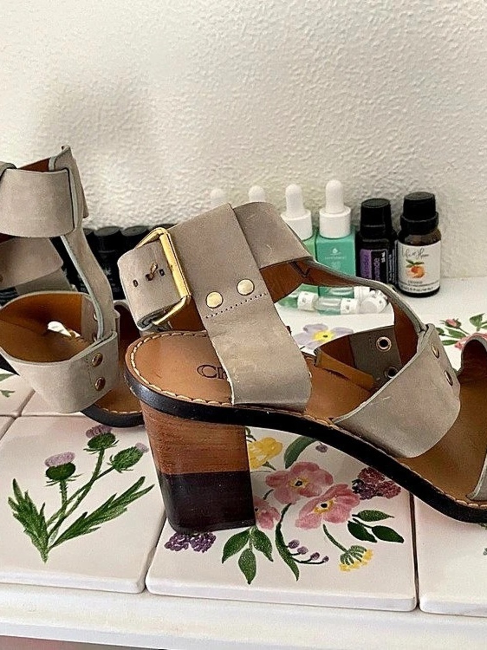 Chloé Strappy Block Heel Sandals in Brown & Gray